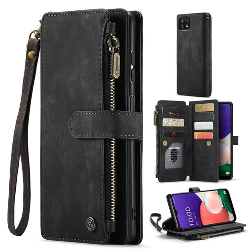 For Samsung Galaxy A22 5G (EU) Phone Cases with Strap CASEME C30 Zipper Multiple Card Holder PU Leather Cover - Black - 1