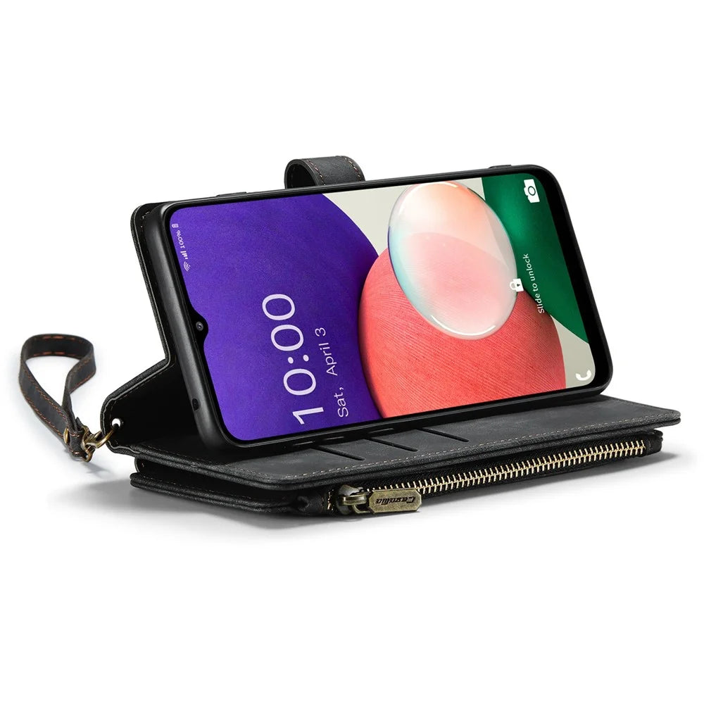 For Samsung Galaxy A22 5G (EU) Phone Cases with Strap CASEME C30 Zipper Multiple Card Holder PU Leather Cover - Black - 2