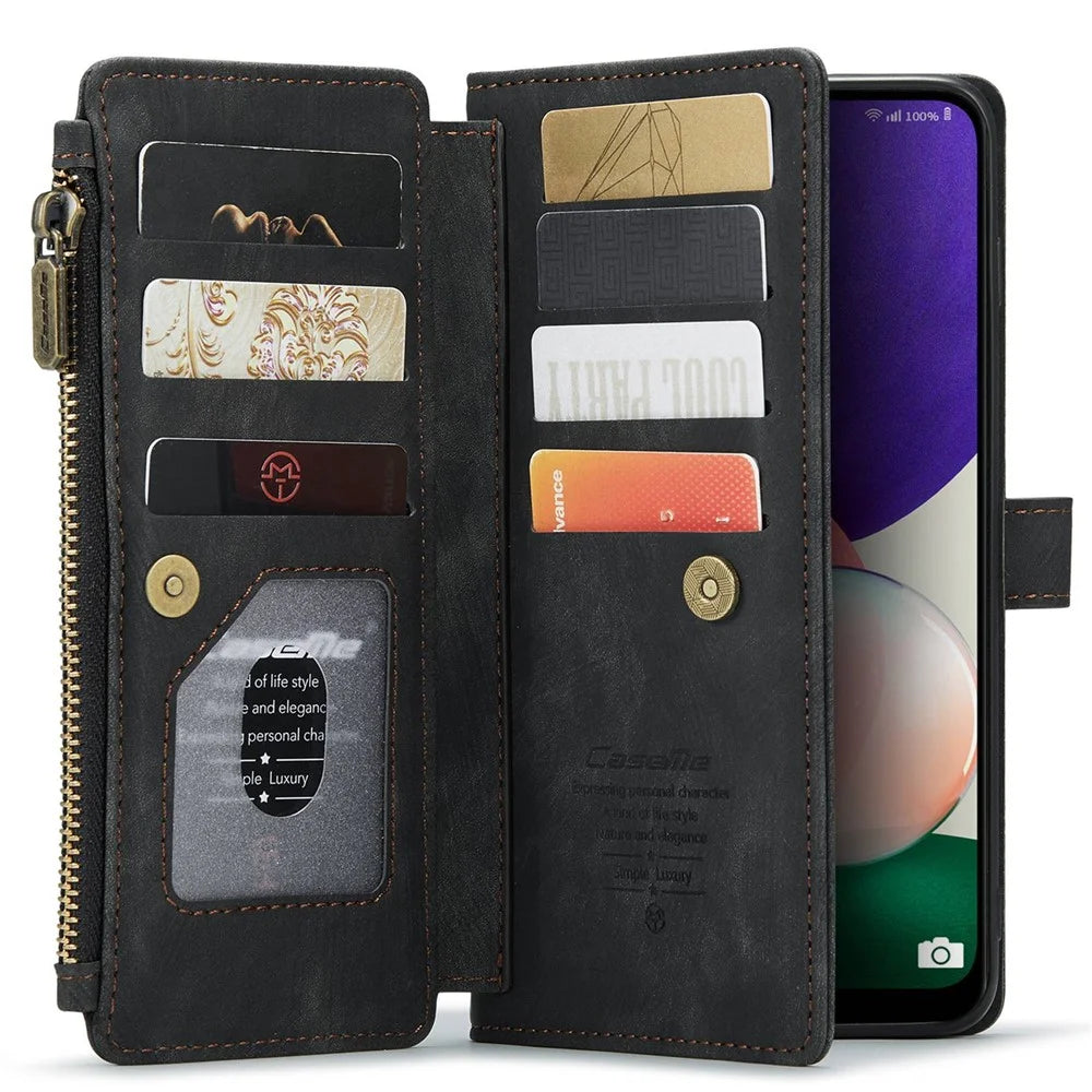 For Samsung Galaxy A22 5G (EU) Phone Cases with Strap CASEME C30 Zipper Multiple Card Holder PU Leather Cover - Black - 3