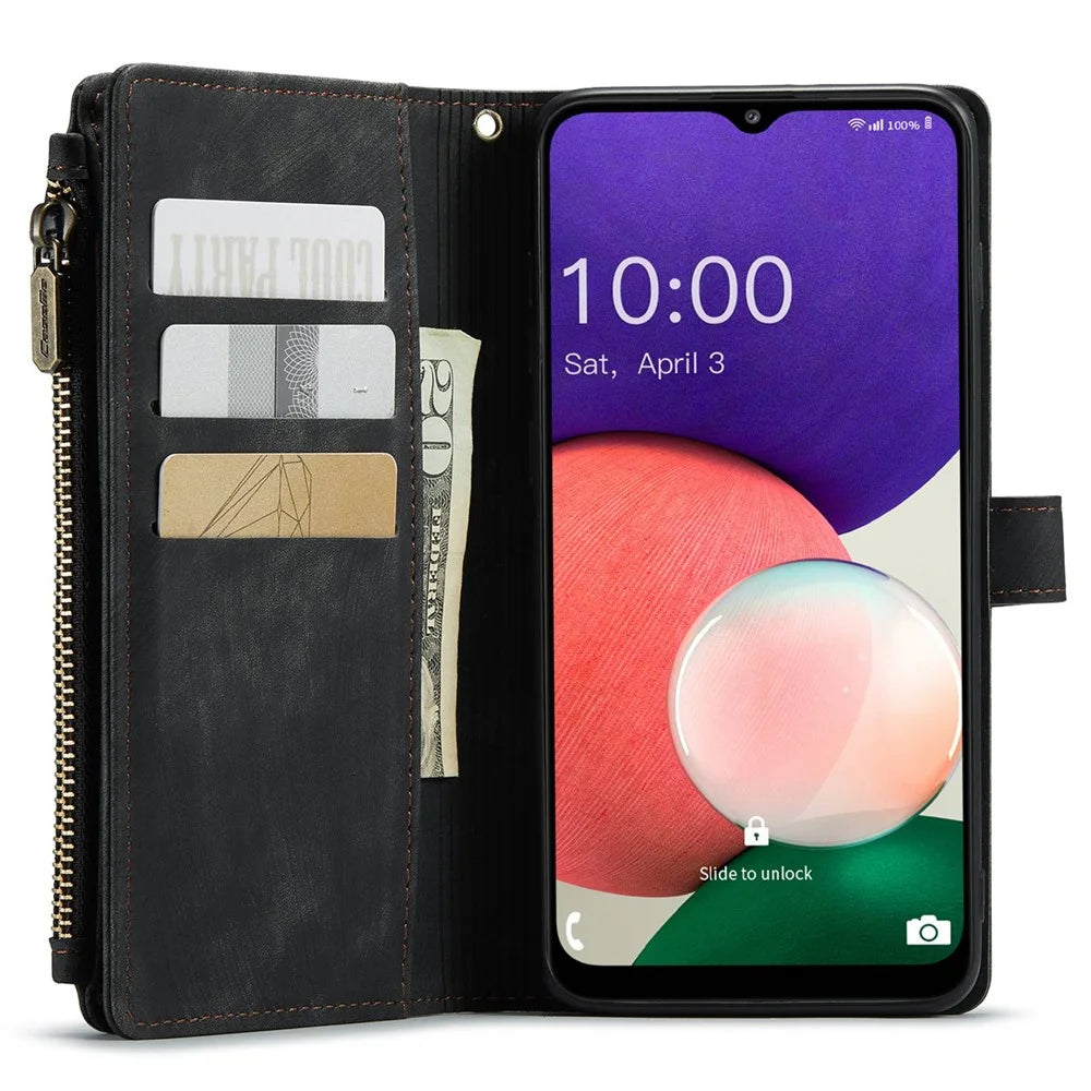 For Samsung Galaxy A22 5G (EU) Phone Cases with Strap CASEME C30 Zipper Multiple Card Holder PU Leather Cover - Black - 4