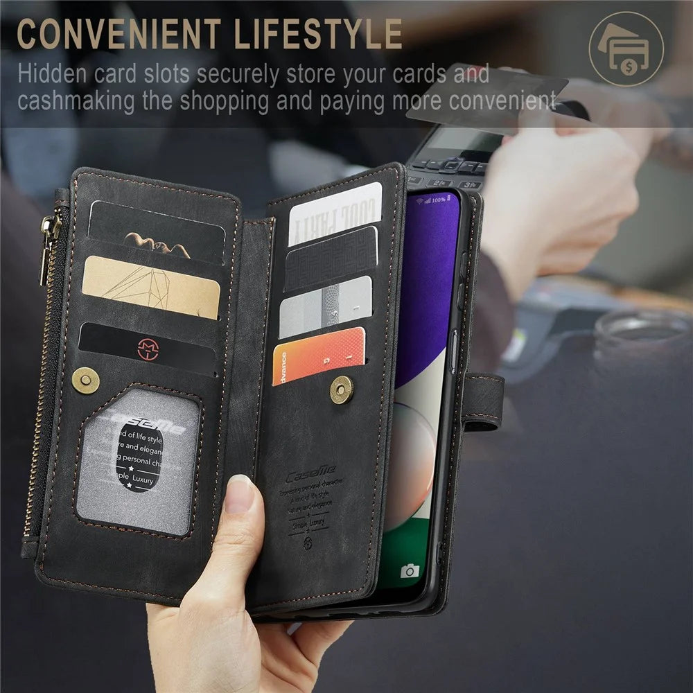For Samsung Galaxy A22 5G (EU) Phone Cases with Strap CASEME C30 Zipper Multiple Card Holder PU Leather Cover - Black - 5