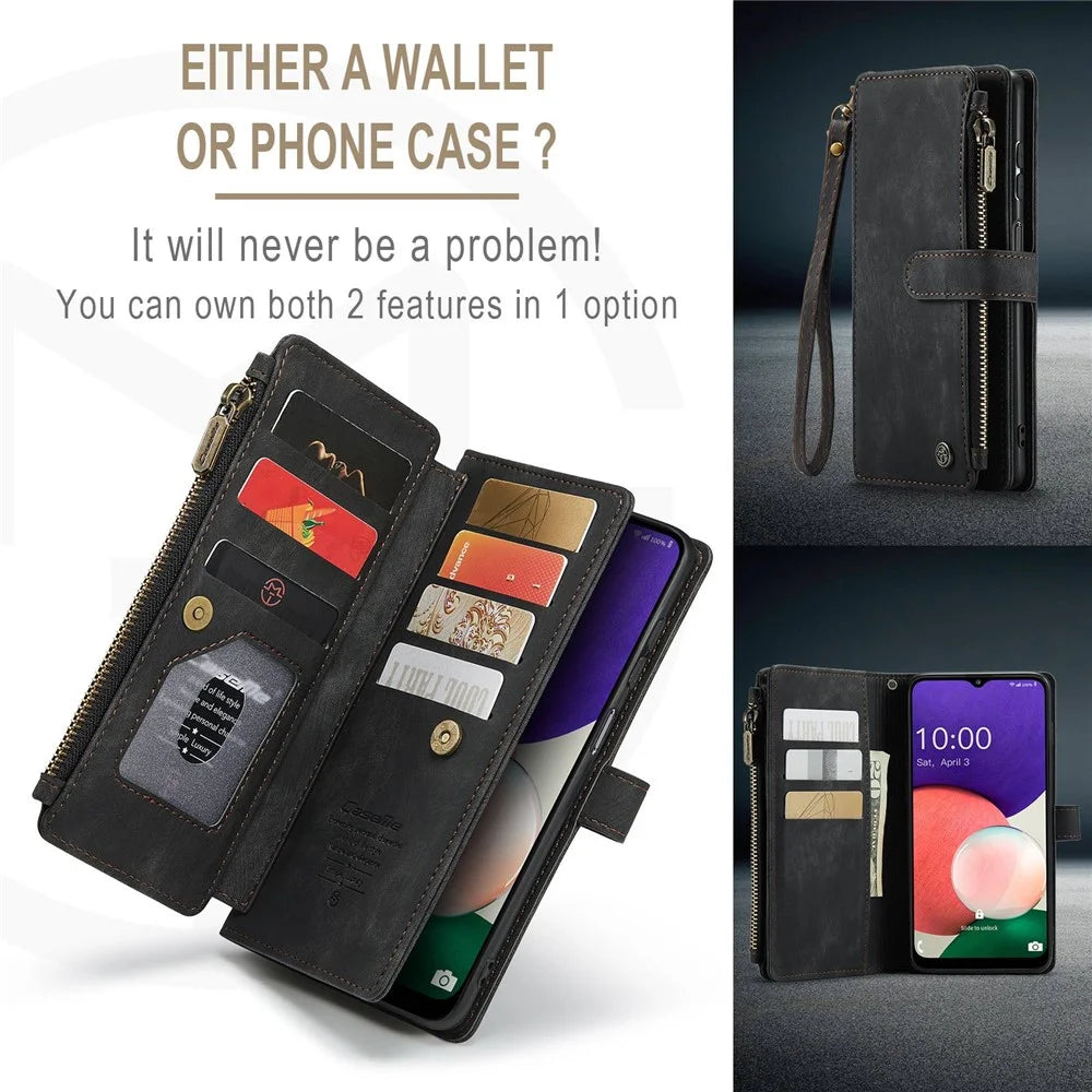 For Samsung Galaxy A22 5G (EU) Phone Cases with Strap CASEME C30 Zipper Multiple Card Holder PU Leather Cover - Black - 6