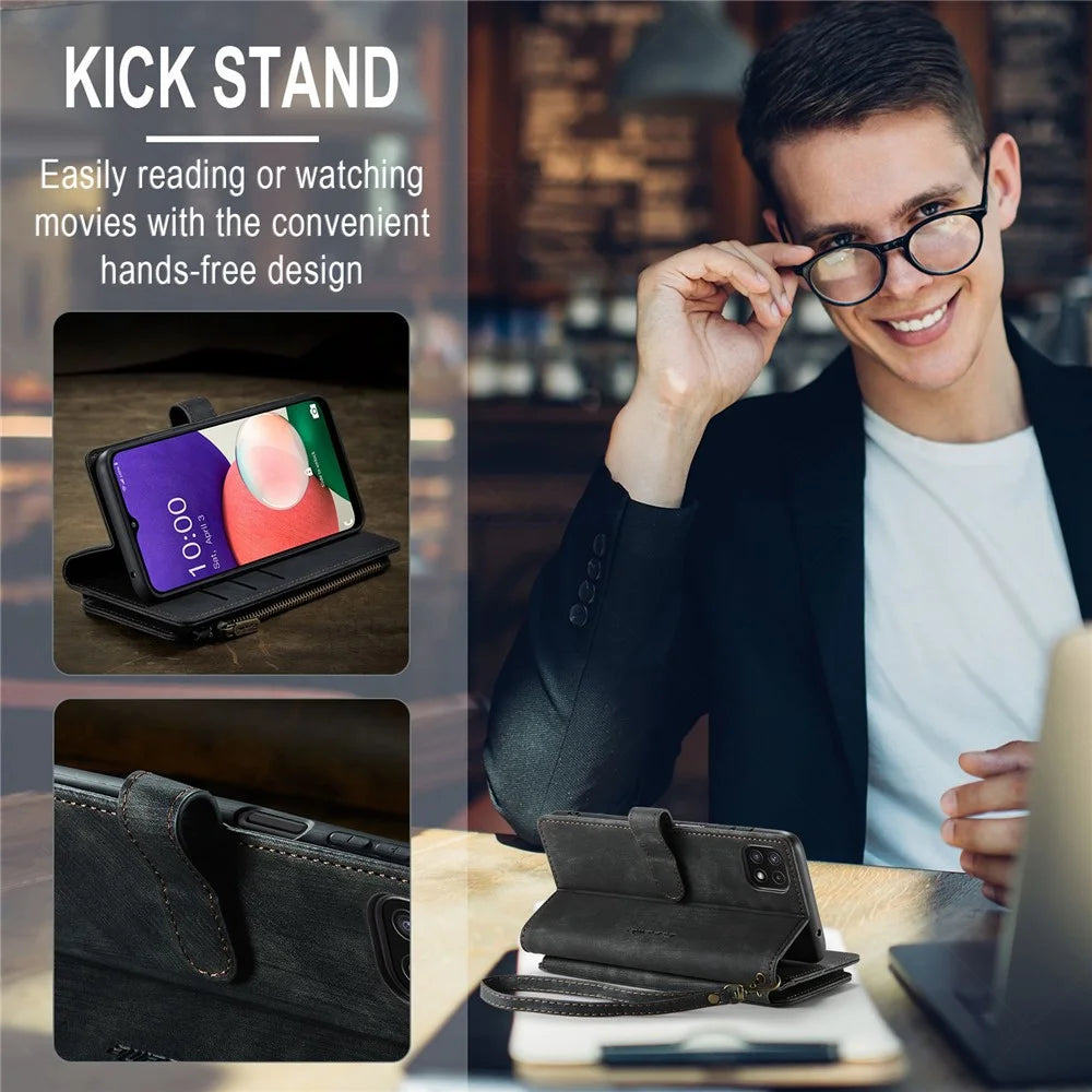 For Samsung Galaxy A22 5G (EU) Phone Cases with Strap CASEME C30 Zipper Multiple Card Holder PU Leather Cover - Black - 7