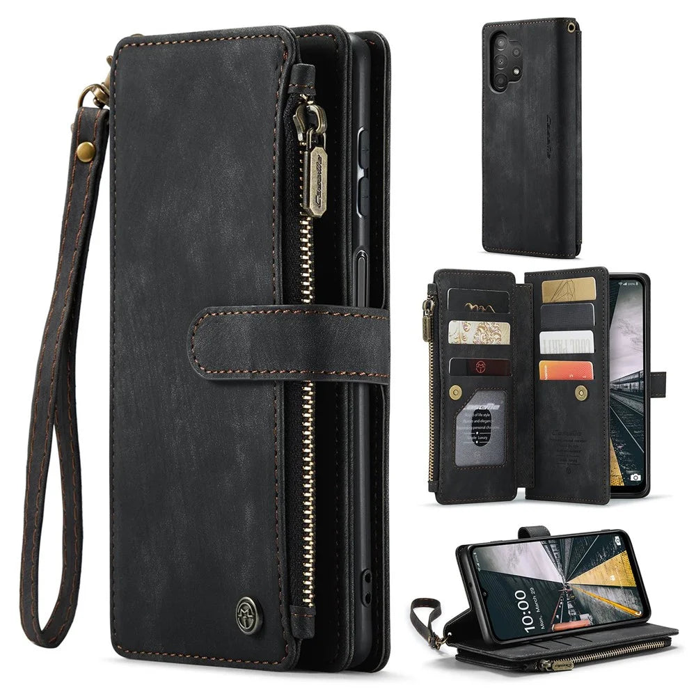 For Samsung Galaxy A13 4G / 5G / A04s 4G (164.7mm) Phone Cases with Strap CASEME C30 Zipper Multiple Card Holder PU Leather Cover - Black - 1