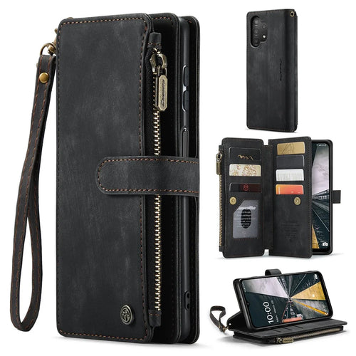 For Samsung Galaxy A13 4G / 5G / A04s 4G (164.7mm) Phone Cases with Strap CASEME C30 Zipper Multiple Card Holder PU Leather Cover - Black - 1