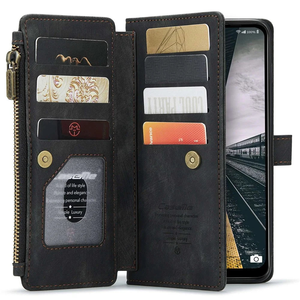 For Samsung Galaxy A13 4G / 5G / A04s 4G (164.7mm) Phone Cases with Strap CASEME C30 Zipper Multiple Card Holder PU Leather Cover - Black - 3