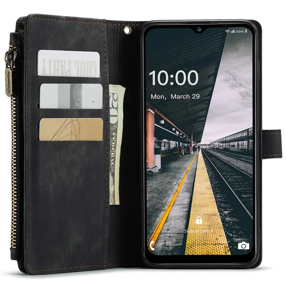 For Samsung Galaxy A13 4G / 5G / A04s 4G (164.7mm) Phone Cases with Strap CASEME C30 Zipper Multiple Card Holder PU Leather Cover - Black - 4