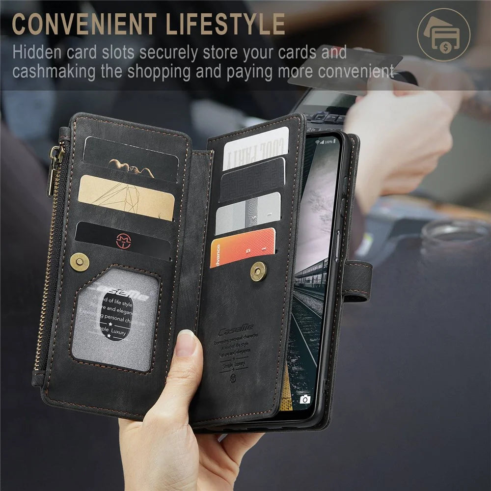 For Samsung Galaxy A13 4G / 5G / A04s 4G (164.7mm) Phone Cases with Strap CASEME C30 Zipper Multiple Card Holder PU Leather Cover - Black - 6