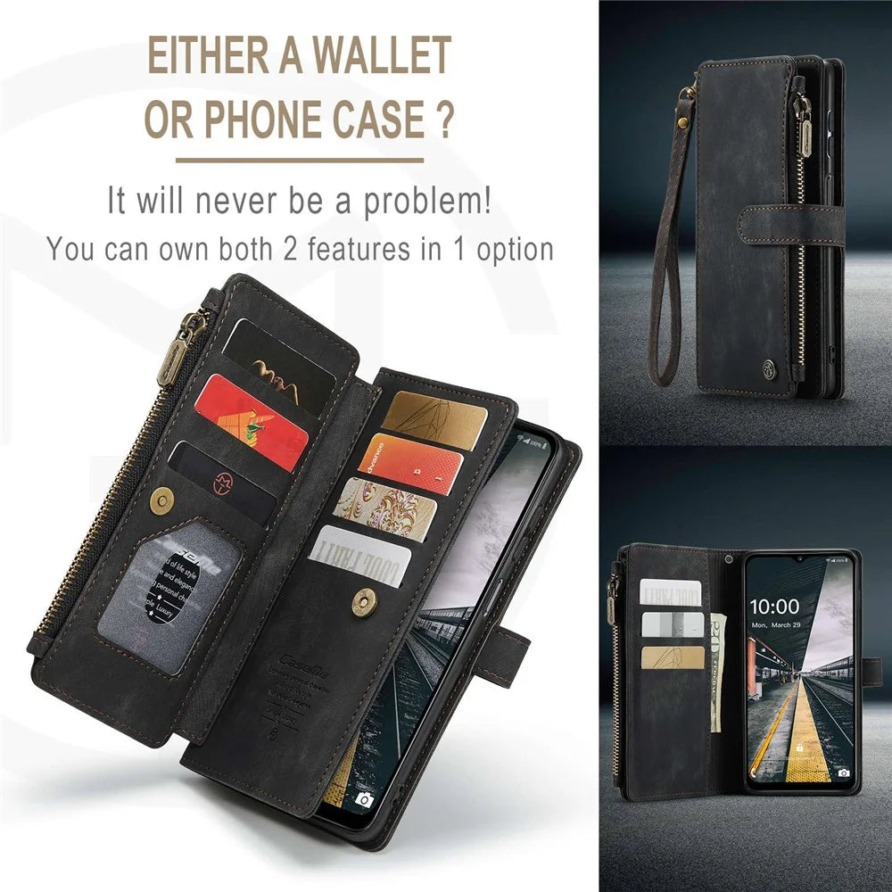 For Samsung Galaxy A13 4G / 5G / A04s 4G (164.7mm) Phone Cases with Strap CASEME C30 Zipper Multiple Card Holder PU Leather Cover - Black - 7
