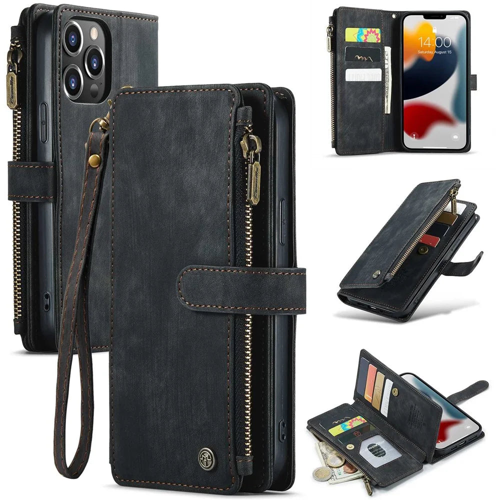 For iPhone 13 Pro Max Phone Cases with Strap CASEME C30 Zipper Multiple Card Holder PU Leather Cover - Black - 1