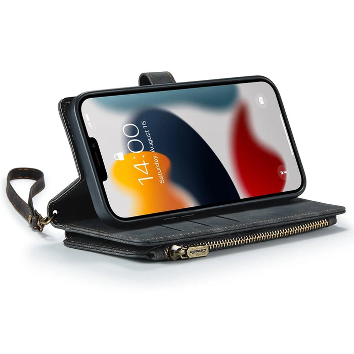 For iPhone 13 Pro Max Phone Cases with Strap CASEME C30 Zipper Multiple Card Holder PU Leather Cover - Black - 2