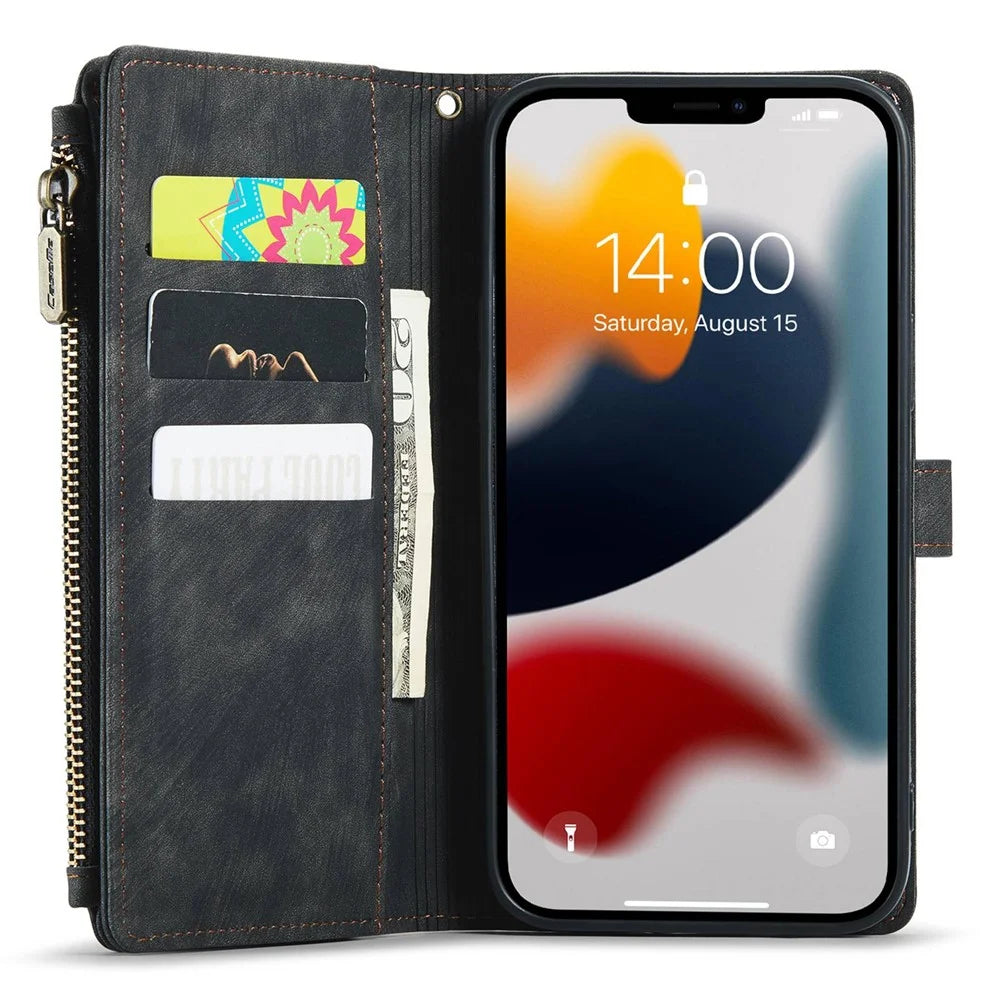 For iPhone 13 Pro Max Phone Cases with Strap CASEME C30 Zipper Multiple Card Holder PU Leather Cover - Black - 3