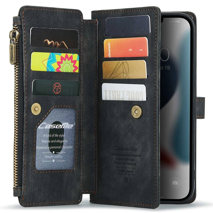 For iPhone 13 Pro Max Phone Cases with Strap CASEME C30 Zipper Multiple Card Holder PU Leather Cover - Black - 4