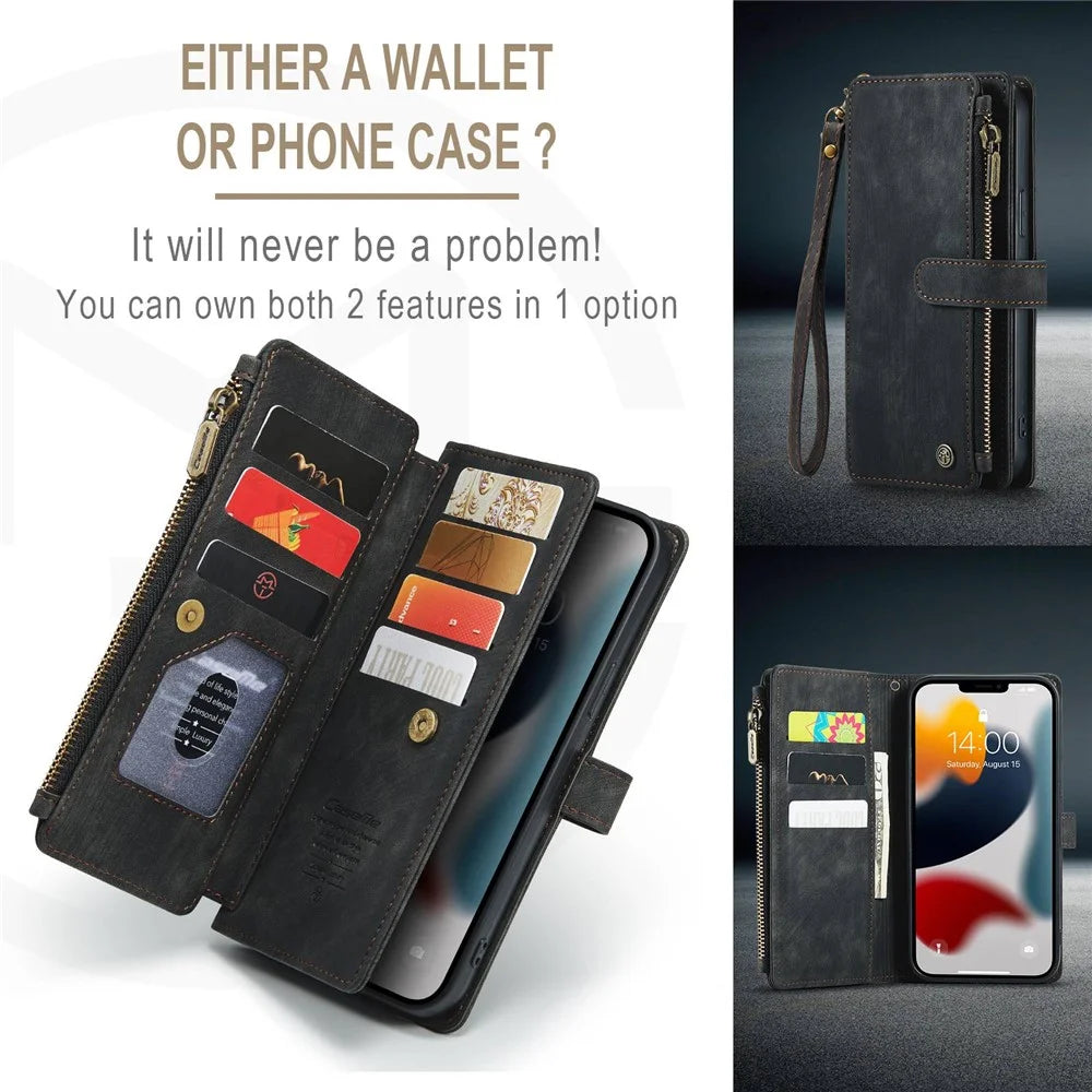 For iPhone 13 Pro Max Phone Cases with Strap CASEME C30 Zipper Multiple Card Holder PU Leather Cover - Black - 6