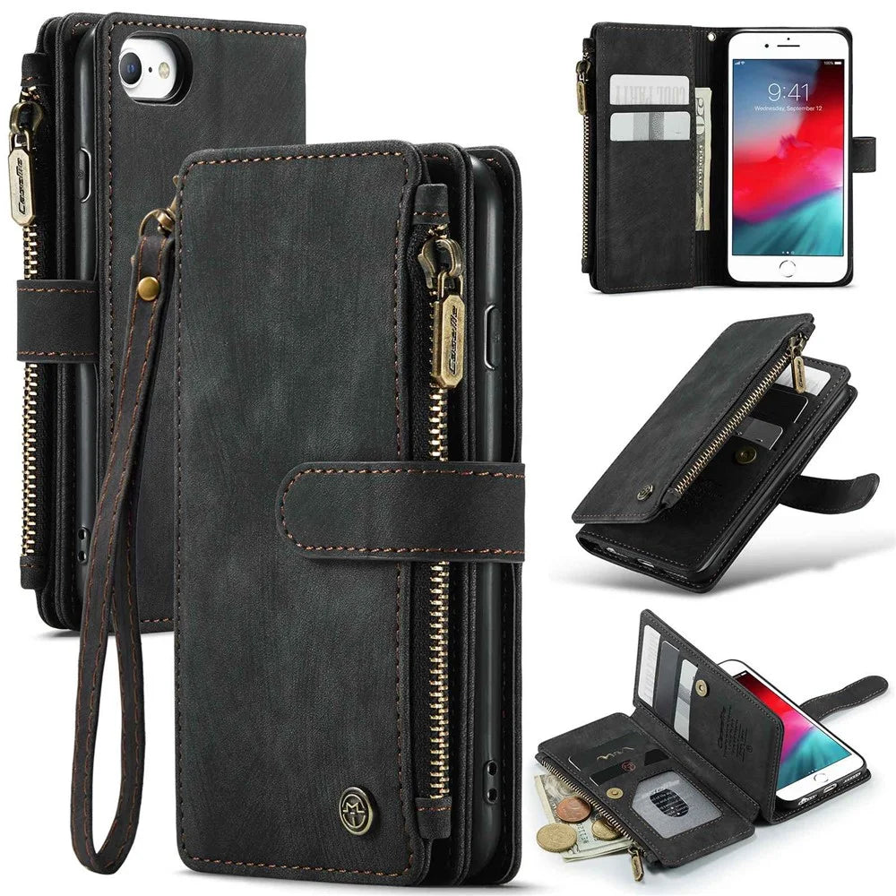 CASEME C30 Series for iPhone 6/7/8 4.7-inch/SE (2020)/(2022) Full Protection Zipper Pocket Wallet Case Anti-scratch PU Leather Phone Cover Card Holder - Black - 1