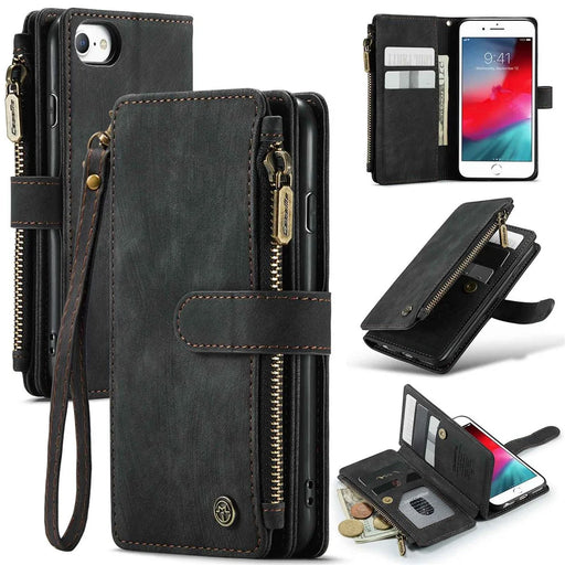 CASEME C30 Series for iPhone 6/7/8 4.7-inch/SE (2020)/(2022) Full Protection Zipper Pocket Wallet Case Anti-scratch PU Leather Phone Cover Card Holder - Black - 1