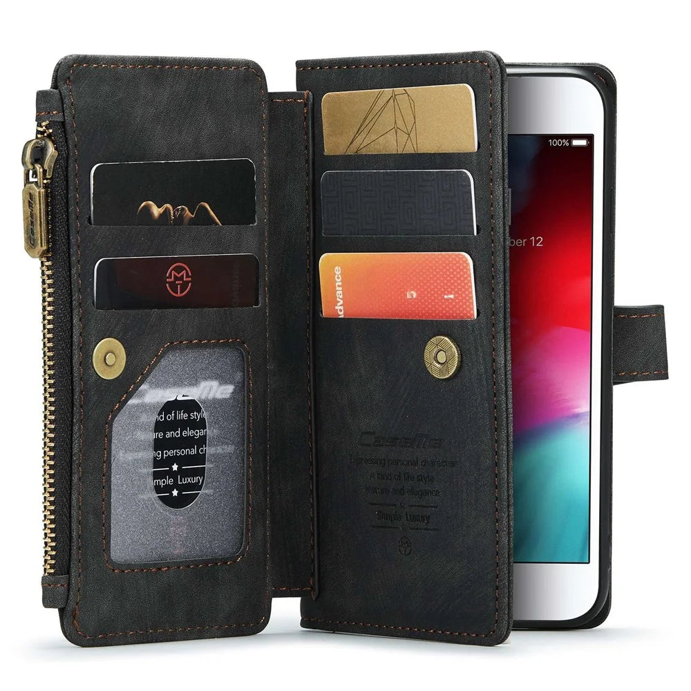 CASEME C30 Series for iPhone 6/7/8 4.7-inch/SE (2020)/(2022) Full Protection Zipper Pocket Wallet Case Anti-scratch PU Leather Phone Cover Card Holder - Black - 3