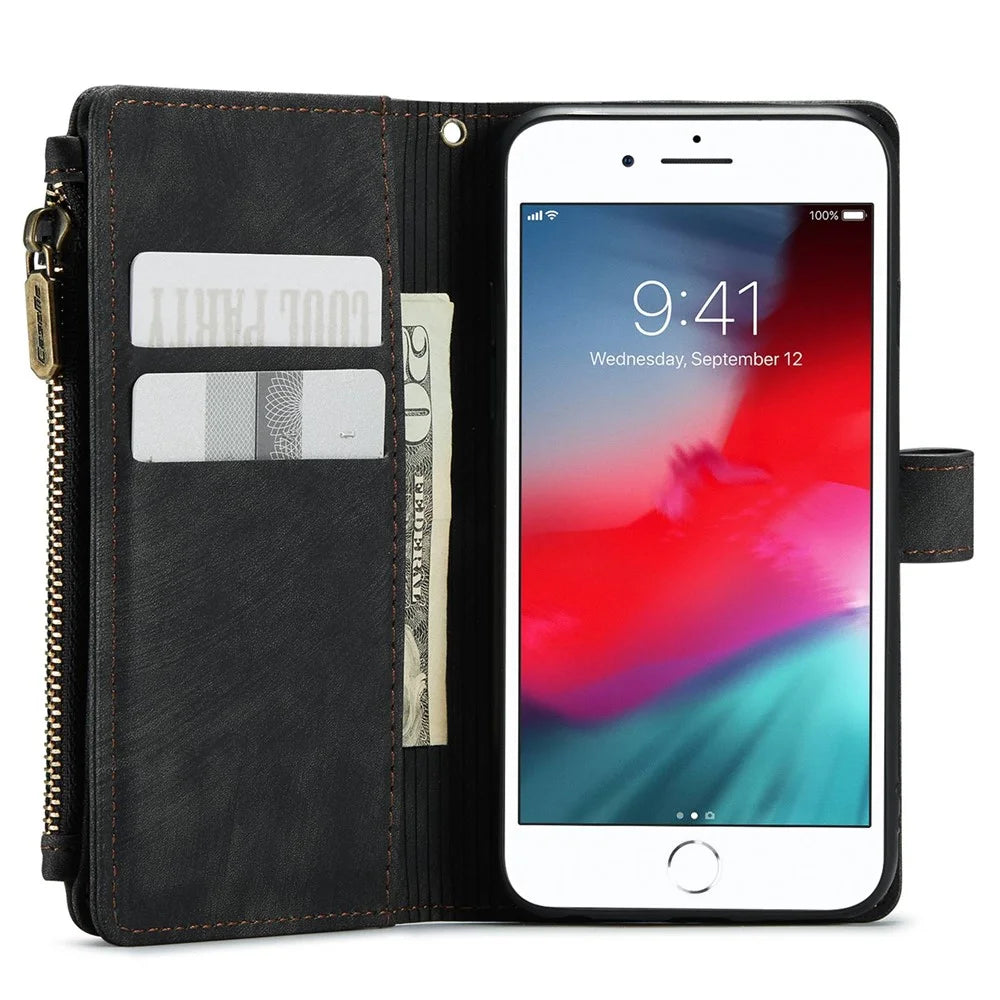CASEME C30 Series for iPhone 6/7/8 4.7-inch/SE (2020)/(2022) Full Protection Zipper Pocket Wallet Case Anti-scratch PU Leather Phone Cover Card Holder - Black - 4