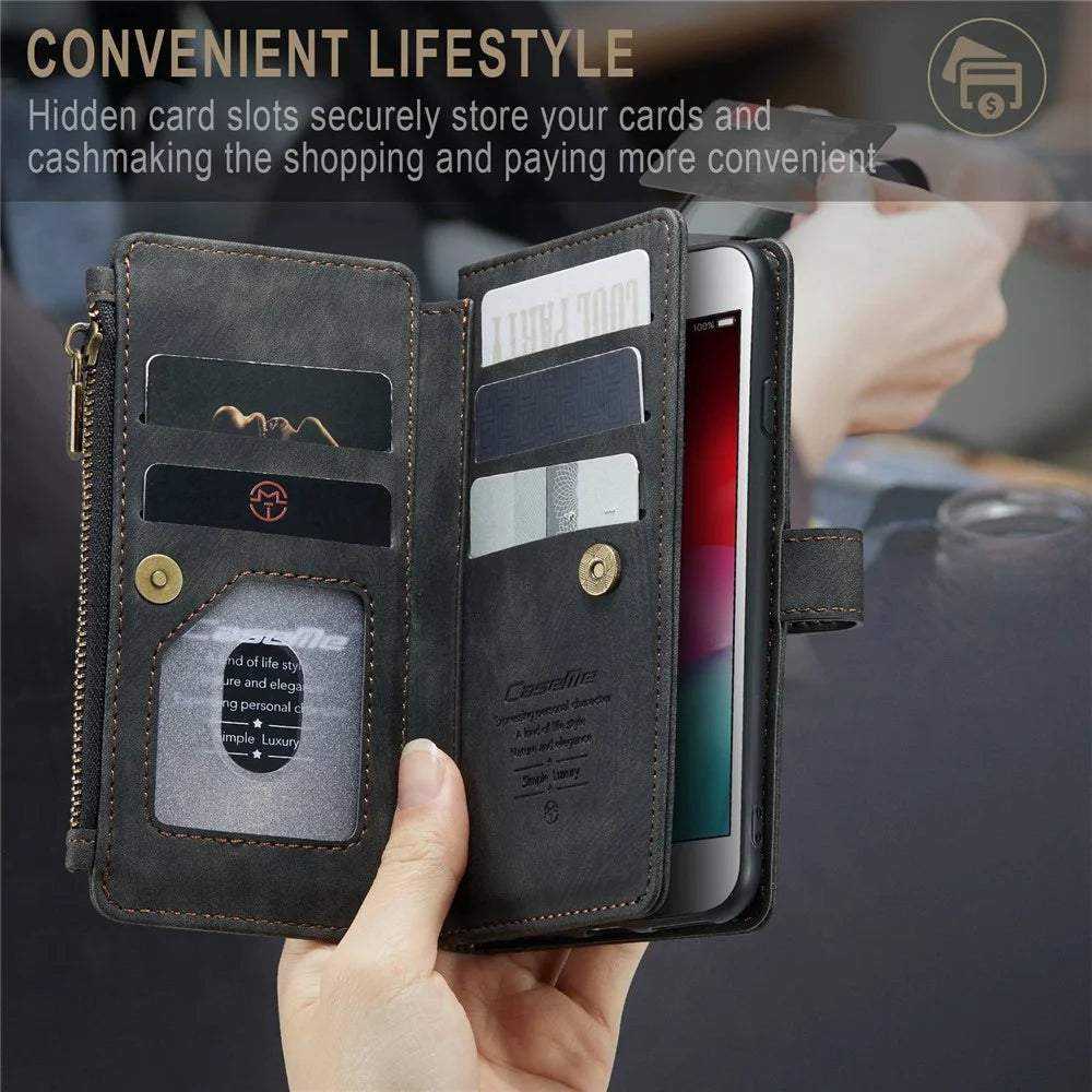 CASEME C30 Series for iPhone 6/7/8 4.7-inch/SE (2020)/(2022) Full Protection Zipper Pocket Wallet Case Anti-scratch PU Leather Phone Cover Card Holder - Black - 5