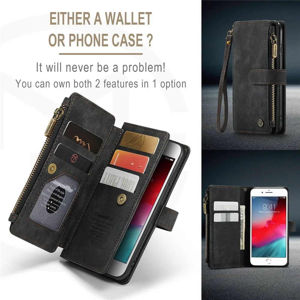 CASEME C30 Series for iPhone 6/7/8 4.7-inch/SE (2020)/(2022) Full Protection Zipper Pocket Wallet Case Anti-scratch PU Leather Phone Cover Card Holder - Black - 6