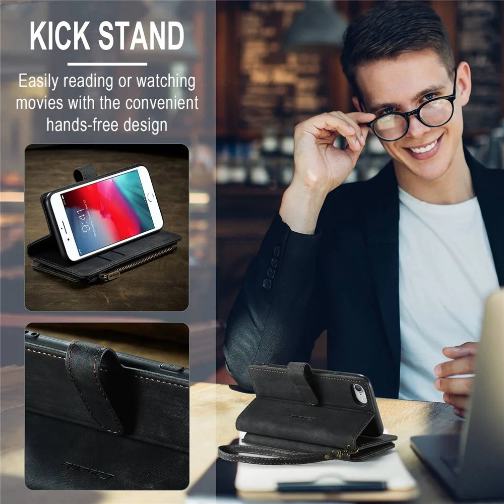 CASEME C30 Series for iPhone 6/7/8 4.7-inch/SE (2020)/(2022) Full Protection Zipper Pocket Wallet Case Anti-scratch PU Leather Phone Cover Card Holder - Black - 7