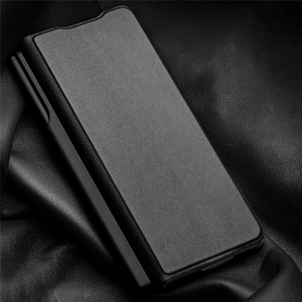QIALINO For Samsung Galaxy Z Fold3 5G Nappa Texture Genuine Leather Anti-Drop Phone Case Folio Flip Protective Cover with Pen Holder - Black - 3