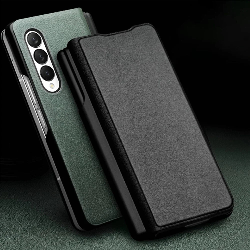 QIALINO For Samsung Galaxy Z Fold3 5G Nappa Texture Genuine Leather Anti-Drop Phone Case Folio Flip Protective Cover with Pen Holder - Black - 4