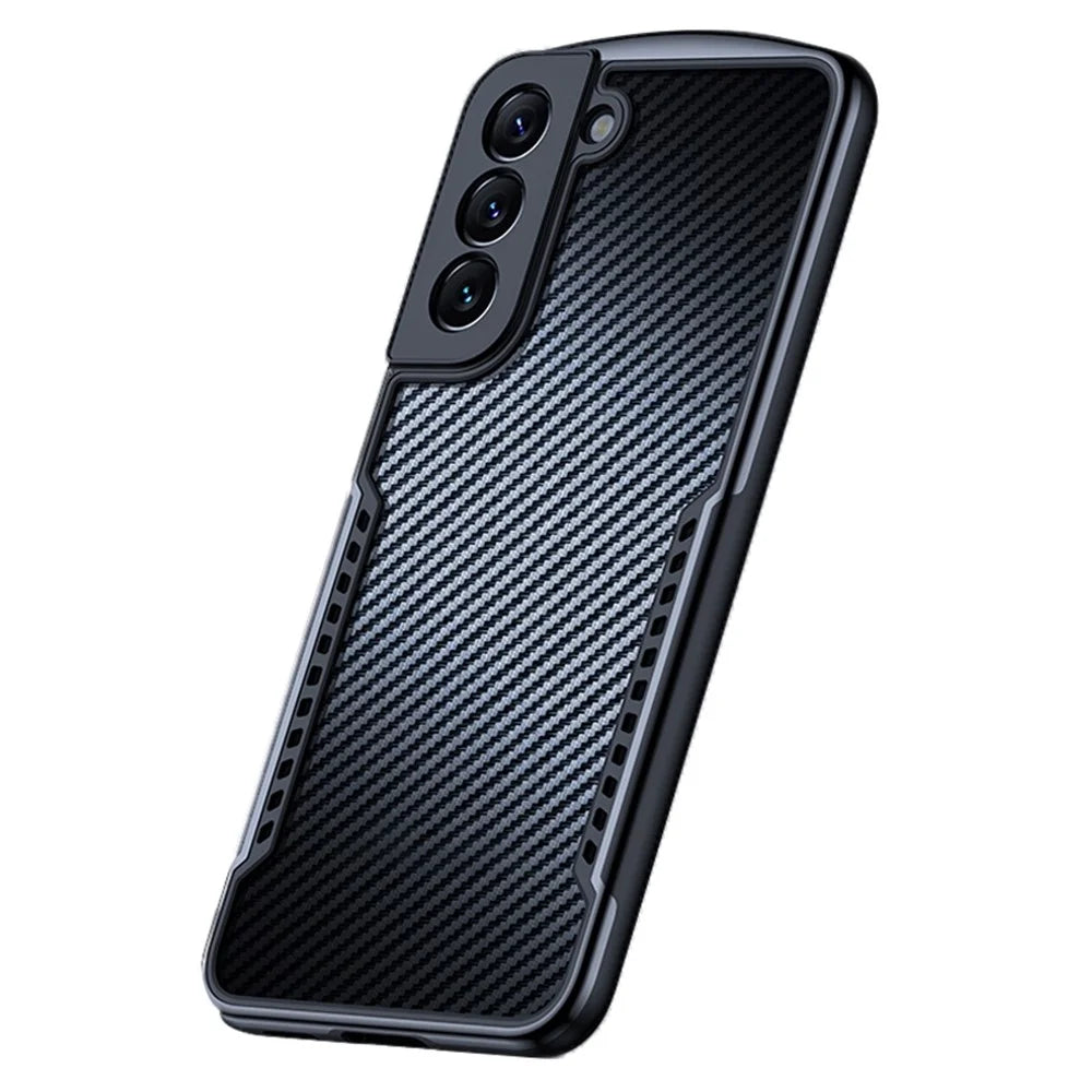 XUNDD Carbon Fiber Texture Case for Samsung Galaxy S22+ 5G, Reinforced Four Corner Hard Acrylic Soft TPU Matte Shell with Integrated Camera Cover - Black - 1