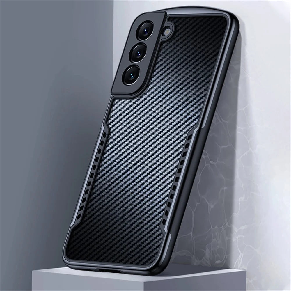XUNDD Carbon Fiber Texture Case for Samsung Galaxy S22+ 5G, Reinforced Four Corner Hard Acrylic Soft TPU Matte Shell with Integrated Camera Cover - Black - 2
