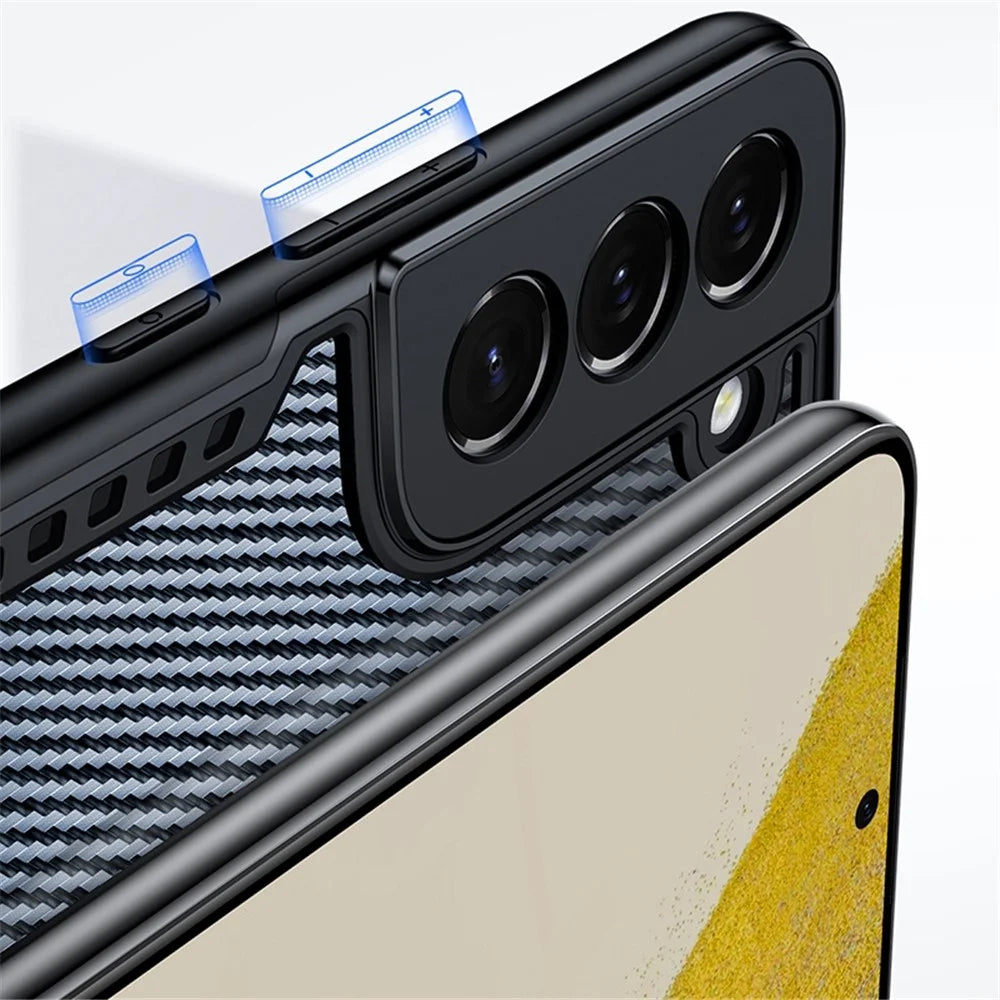 XUNDD Carbon Fiber Texture Case for Samsung Galaxy S22+ 5G, Reinforced Four Corner Hard Acrylic Soft TPU Matte Shell with Integrated Camera Cover - Black - 3