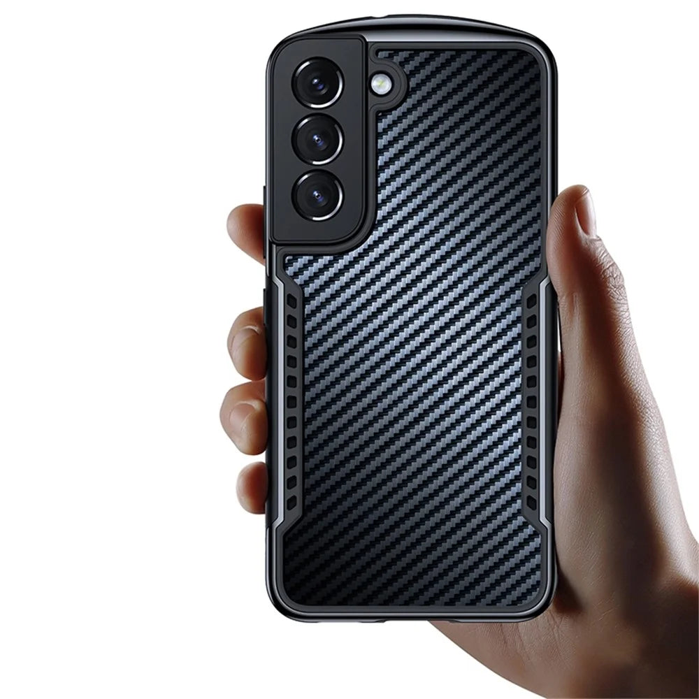 XUNDD Carbon Fiber Texture Case for Samsung Galaxy S22+ 5G, Reinforced Four Corner Hard Acrylic Soft TPU Matte Shell with Integrated Camera Cover - Black - 4