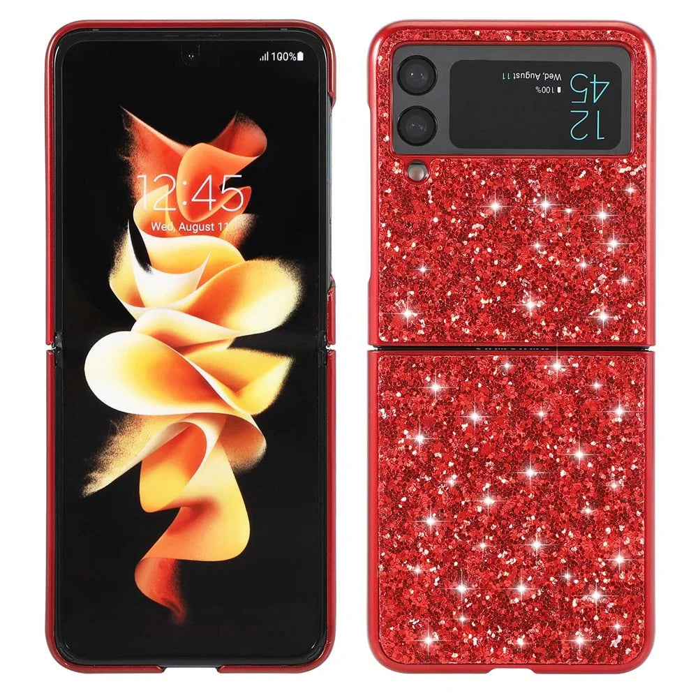 For Samsung Galaxy Z Flip4 5G Glitter Sparkling Case Electroplating TPU Frame Hard PC Back Anti-Slip Protective Cover - Red - 1