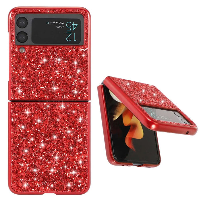For Samsung Galaxy Z Flip4 5G Glitter Sparkling Case Electroplating TPU Frame Hard PC Back Anti-Slip Protective Cover - Red - 3