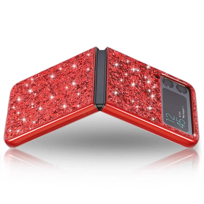For Samsung Galaxy Z Flip4 5G Glitter Sparkling Case Electroplating TPU Frame Hard PC Back Anti-Slip Protective Cover - Red - 5
