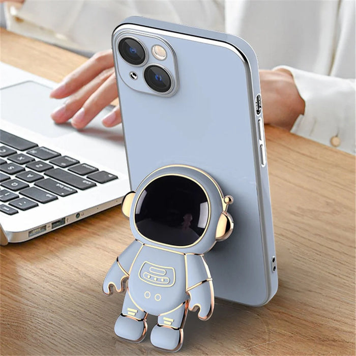 For iPhone 13 6.1 inch Electroplating Frame TPU Anti-drop Phone Case Astronaut Kickstand Protective Cover - Blue - 2