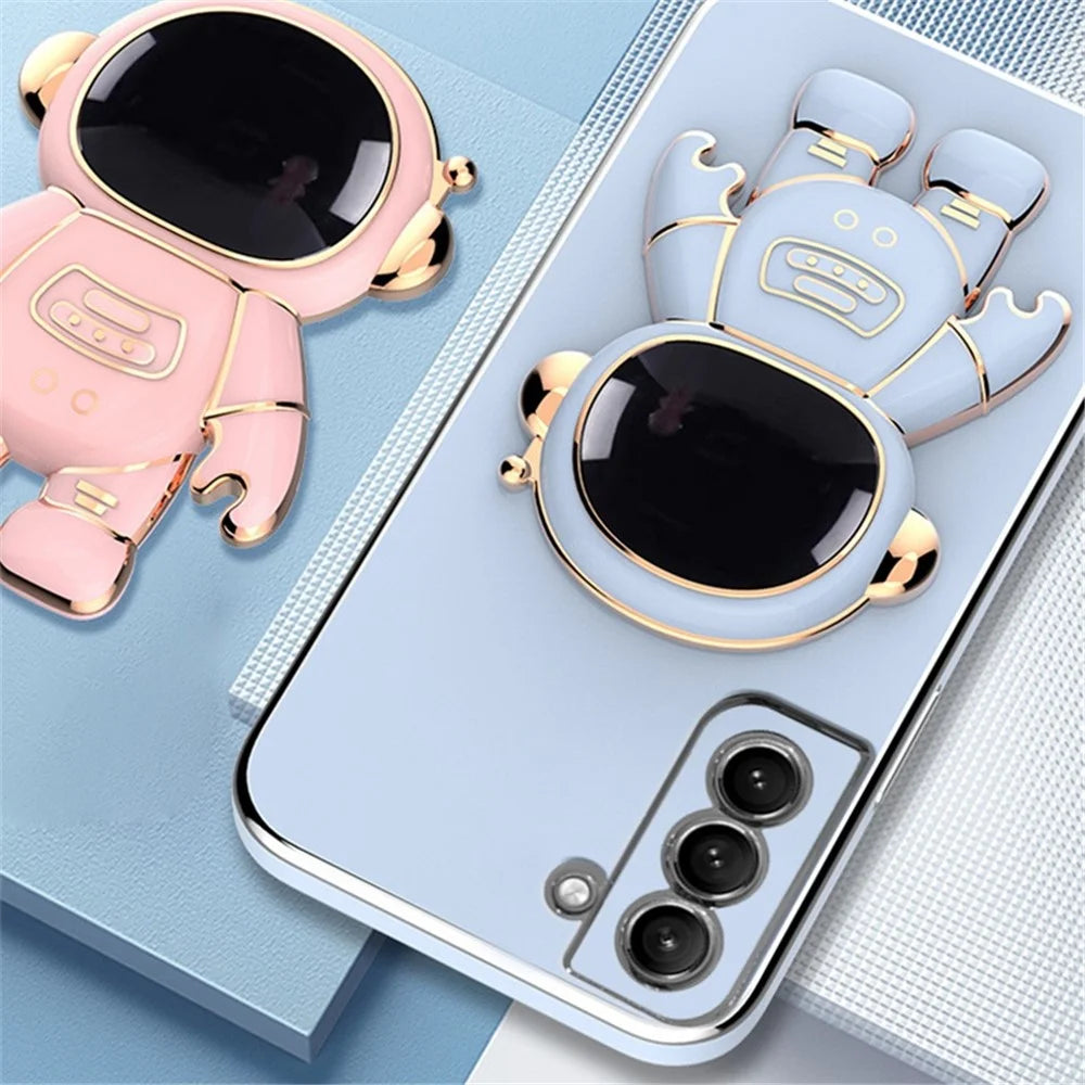 For Samsung Galaxy S22 5G Electroplating Astronaut Kickstand TPU Case Anti-drop Phone Shell - Blue - 7