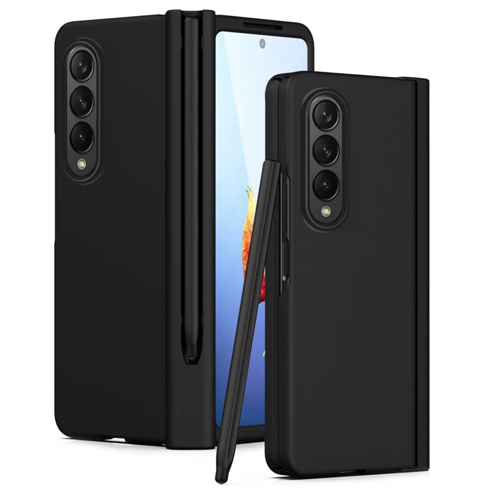 For Samsung Galaxy Z Fold4 5G Hard PC Hinge Design Phone Case Drop-proof Cover with Tempered Glass Screen Protector + Stylus Pen - Black - 1