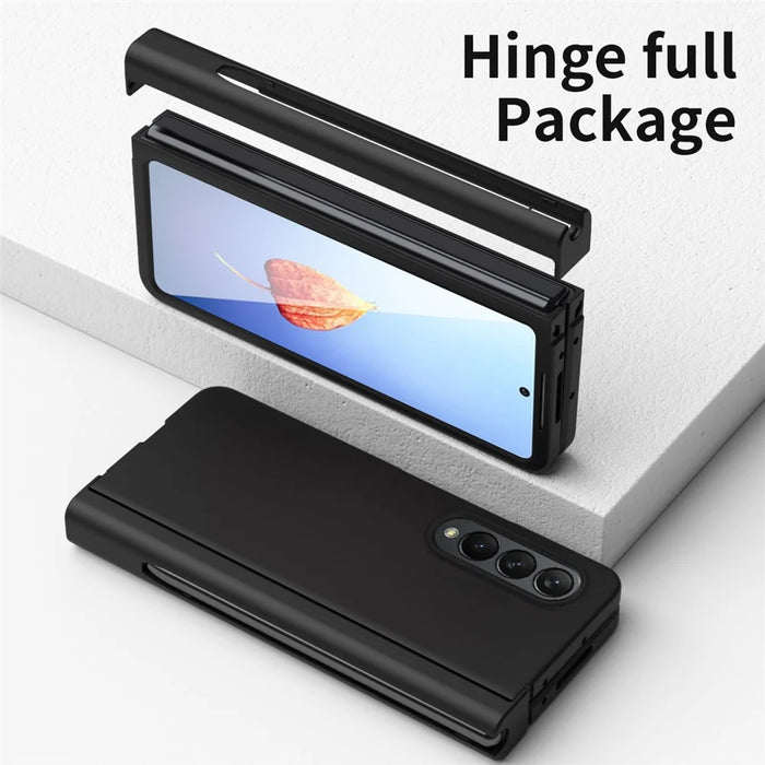 For Samsung Galaxy Z Fold4 5G Hard PC Hinge Design Phone Case Drop-proof Cover with Tempered Glass Screen Protector + Stylus Pen - Black - 5