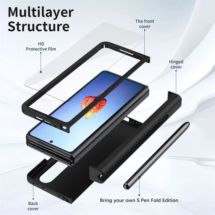 For Samsung Galaxy Z Fold4 5G Hard PC Hinge Design Phone Case Drop-proof Cover with Tempered Glass Screen Protector + Stylus Pen - Black - 7