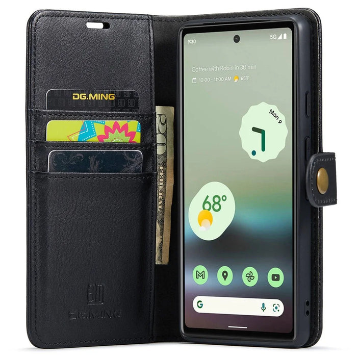 DG.MING For Google Pixel 6a Split Leather Wallet Stand Case Detachable 2-in-1 Phone Protective Cover - Black - 2