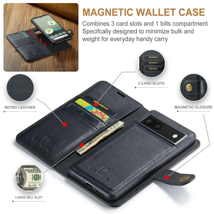 DG.MING For Google Pixel 6a Split Leather Wallet Stand Case Detachable 2-in-1 Phone Protective Cover - Black - 4