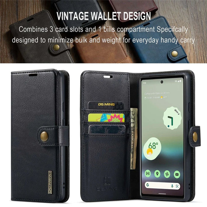 DG.MING For Google Pixel 6a Split Leather Wallet Stand Case Detachable 2-in-1 Phone Protective Cover - Black - 5