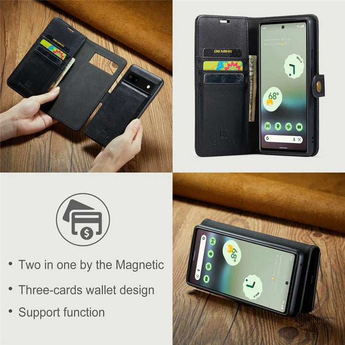 DG.MING For Google Pixel 6a Split Leather Wallet Stand Case Detachable 2-in-1 Phone Protective Cover - Black - 6