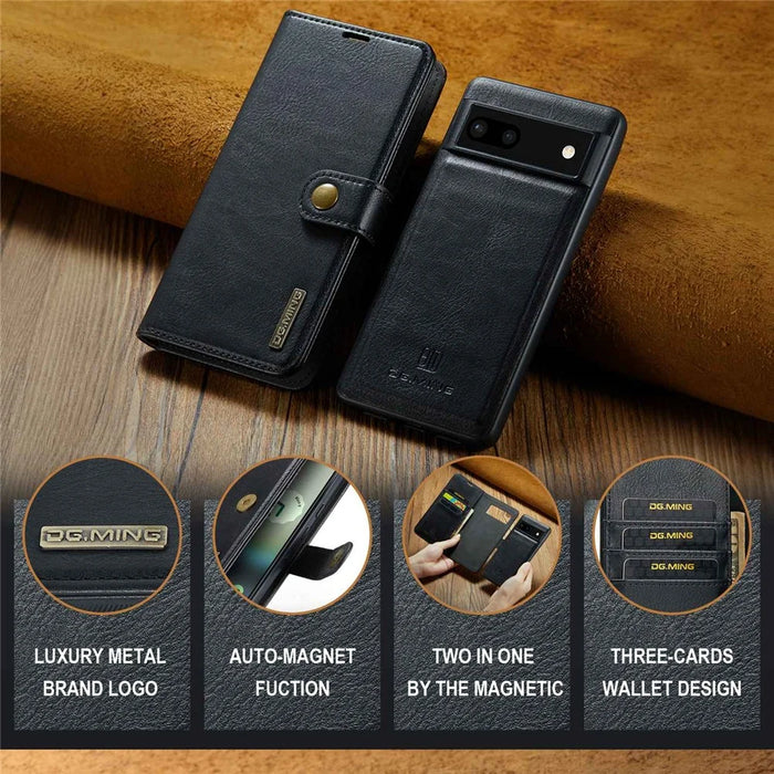 DG.MING For Google Pixel 6a Split Leather Wallet Stand Case Detachable 2-in-1 Phone Protective Cover - Black - 7