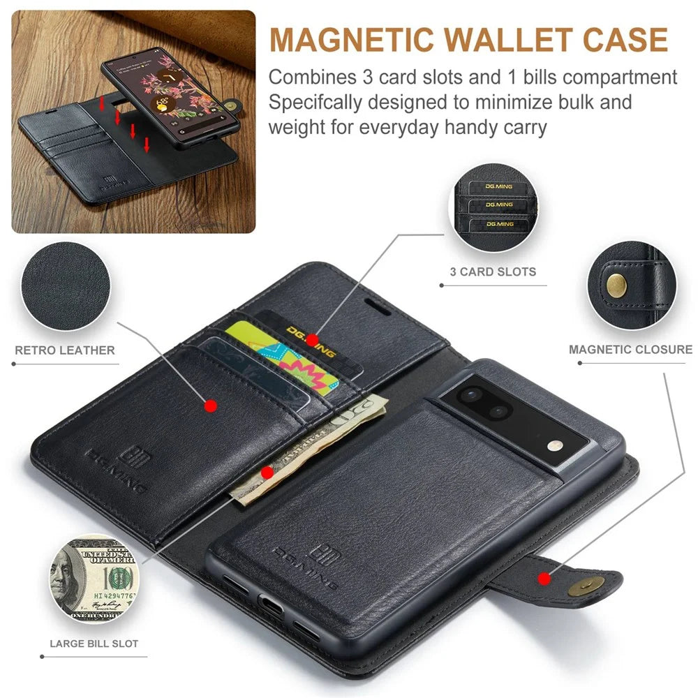 DG.MING For Google Pixel 7 5G Magnetic Absorption Split Leather Case Wallet Stand Detachable Phone Cover - Black - 4