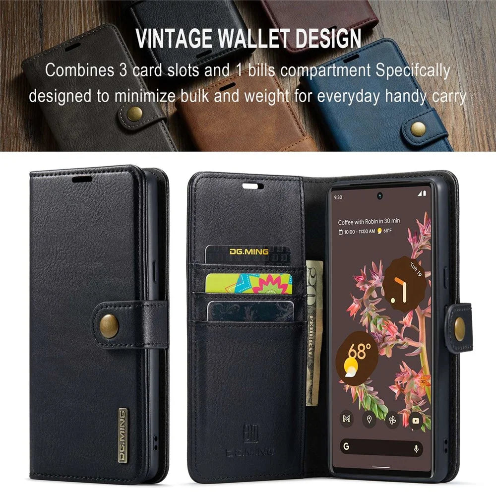 DG.MING For Google Pixel 7 5G Magnetic Absorption Split Leather Case Wallet Stand Detachable Phone Cover - Black - 5