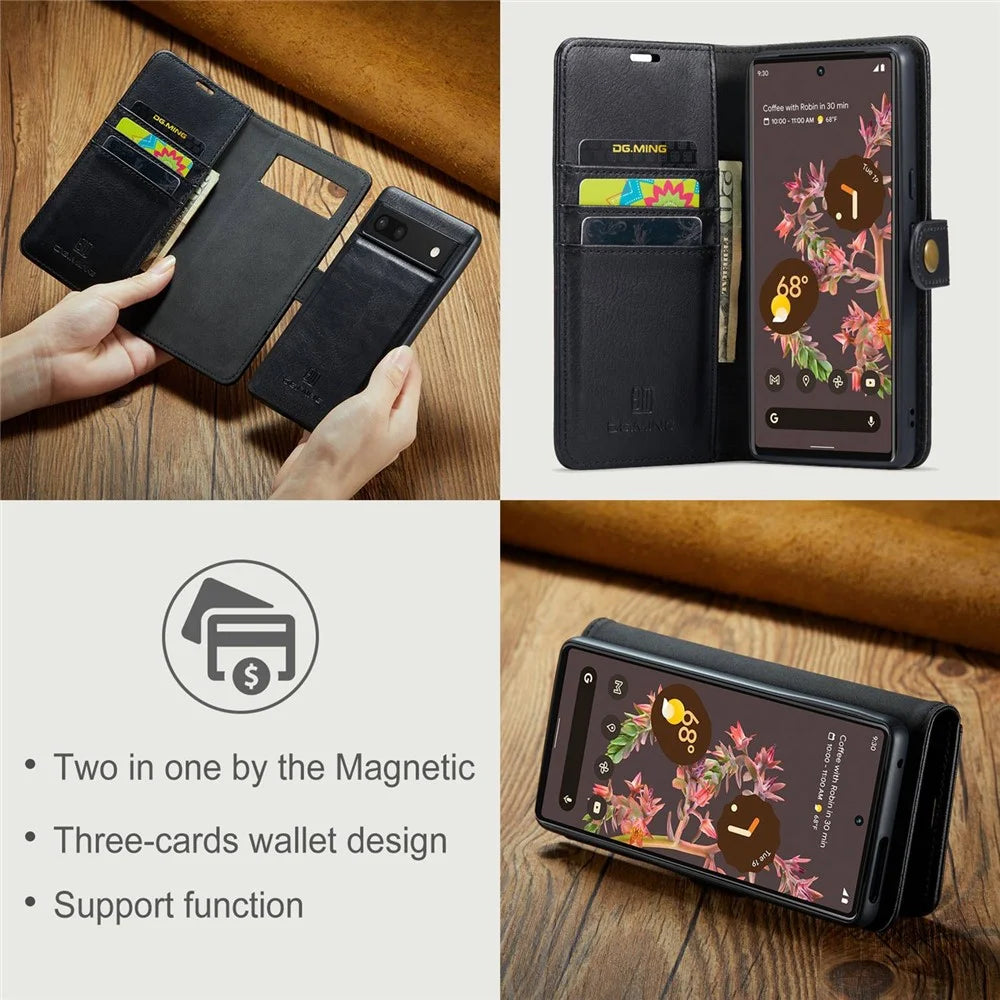 DG.MING For Google Pixel 7 5G Magnetic Absorption Split Leather Case Wallet Stand Detachable Phone Cover - Black - 6
