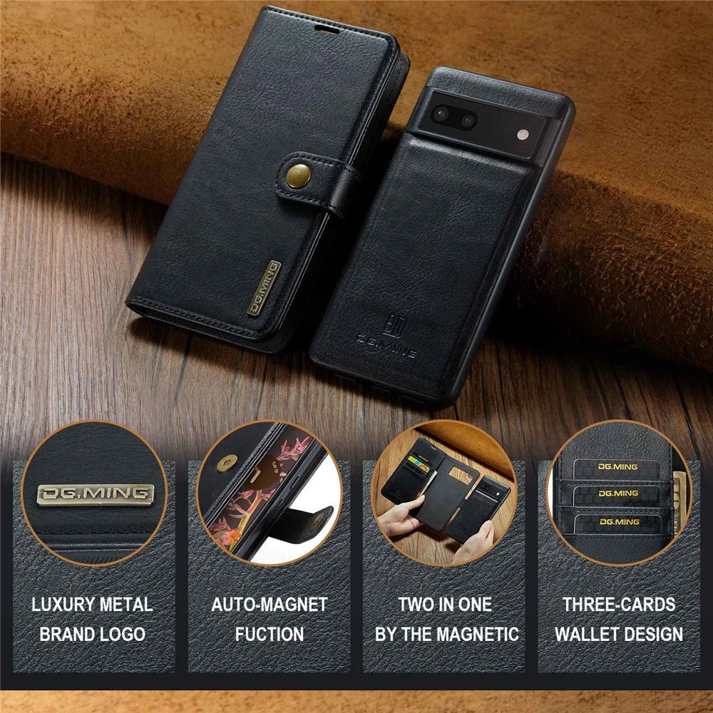 DG.MING For Google Pixel 7 5G Magnetic Absorption Split Leather Case Wallet Stand Detachable Phone Cover - Black - 7