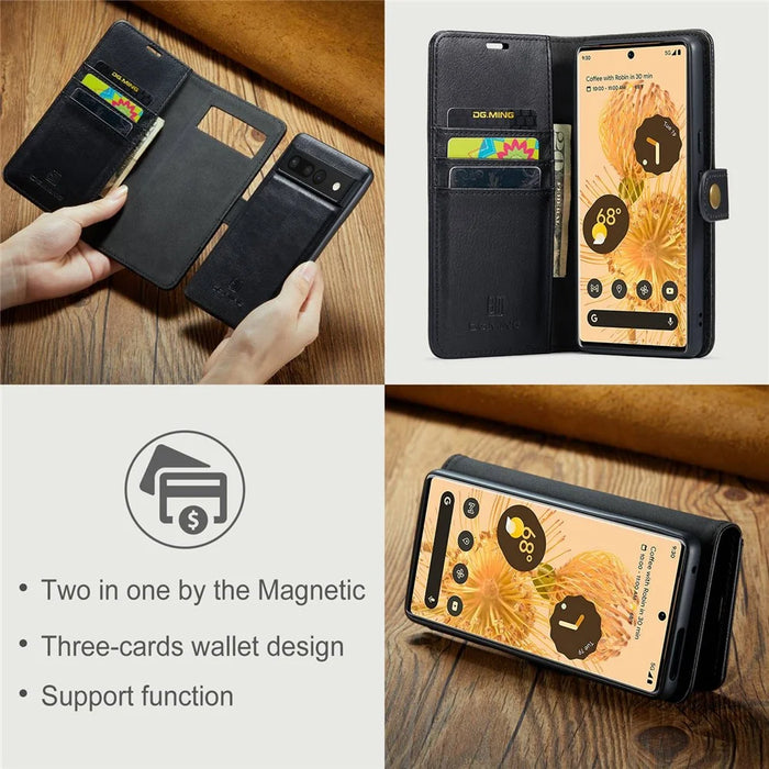 DG.MING For Google Pixel 7 Pro 5G Detachable 2-in-1 Phone Case Split Leather Wallet Stand Drop-proof Protective Cover - Black - 6