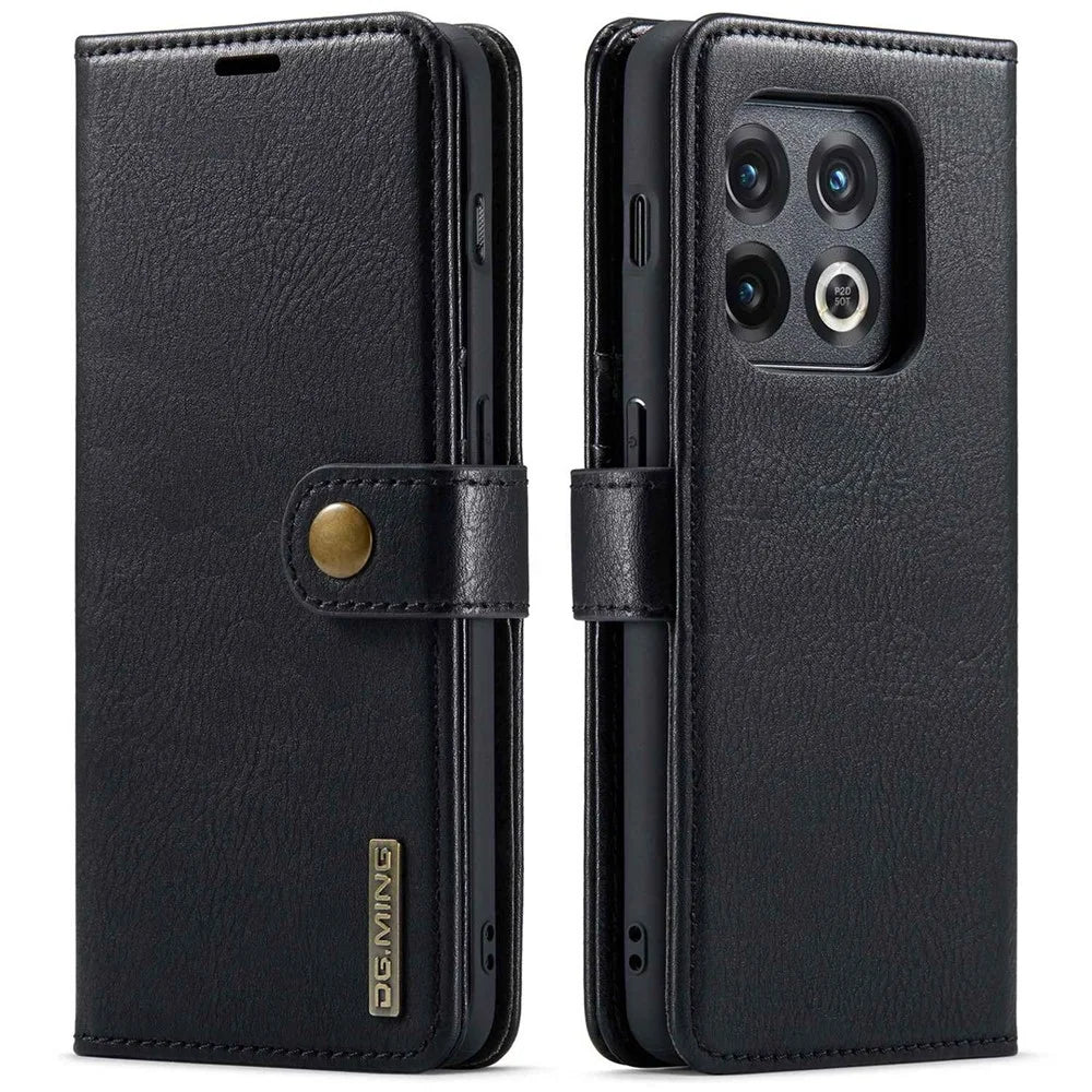 DG.MING Split Leather Phone Case for OnePlus 10 Pro 5G, Shockproof Detachable Cell Phone Cover with Wallet Stand - Black - 1
